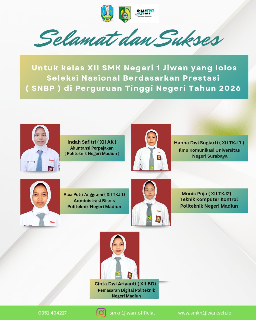 Lima siswi berprestasi dari SMK Negeri 1 Jiwan (SNBP)